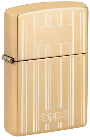 Front view of ˫ Design High Polish Brass Windproof Lighter standing at a 3/4 angle.